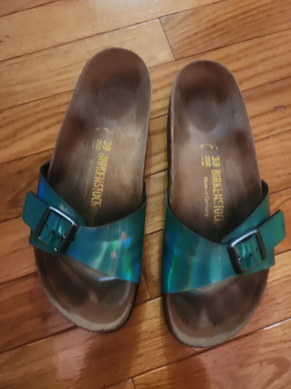 Birkenstock Madrid Iridescent Teal Single-Strap Slide Sandals